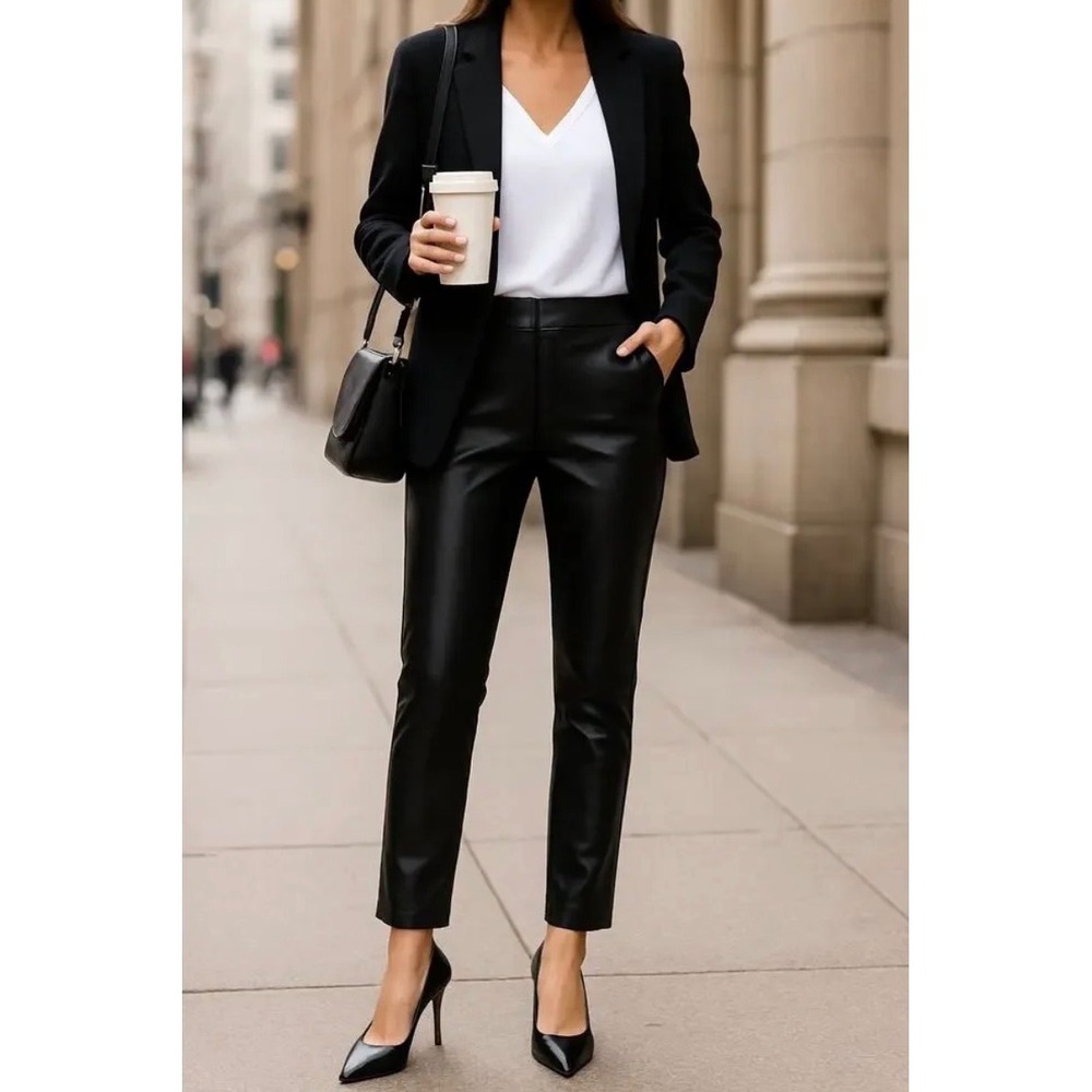 Ann Taylor Curvy Fit Lana Vegan Leather Slim Pant Black Crop Trouser Sz 4 Office